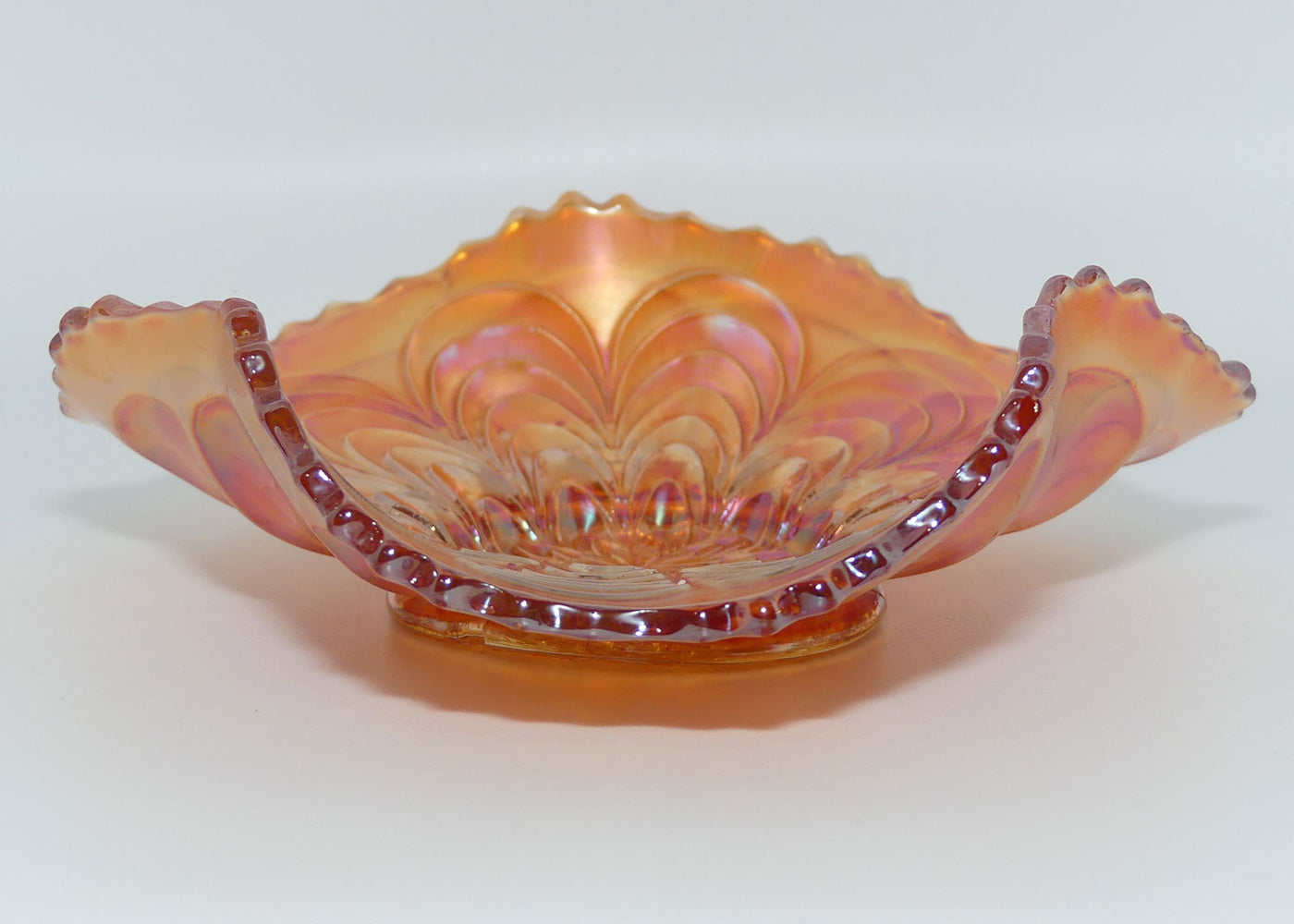 Fenton Carnival Glass Marigold Peacock Tail Fluted Dish Roundabout Antiques