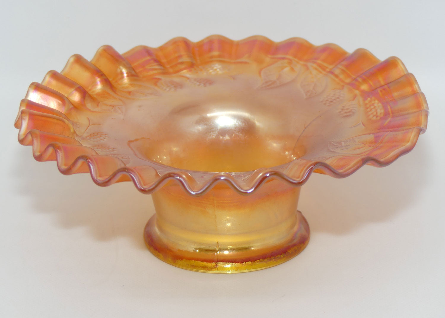 marigold-carnival-glass-fluted-edge-bowl-grape-and-leaf