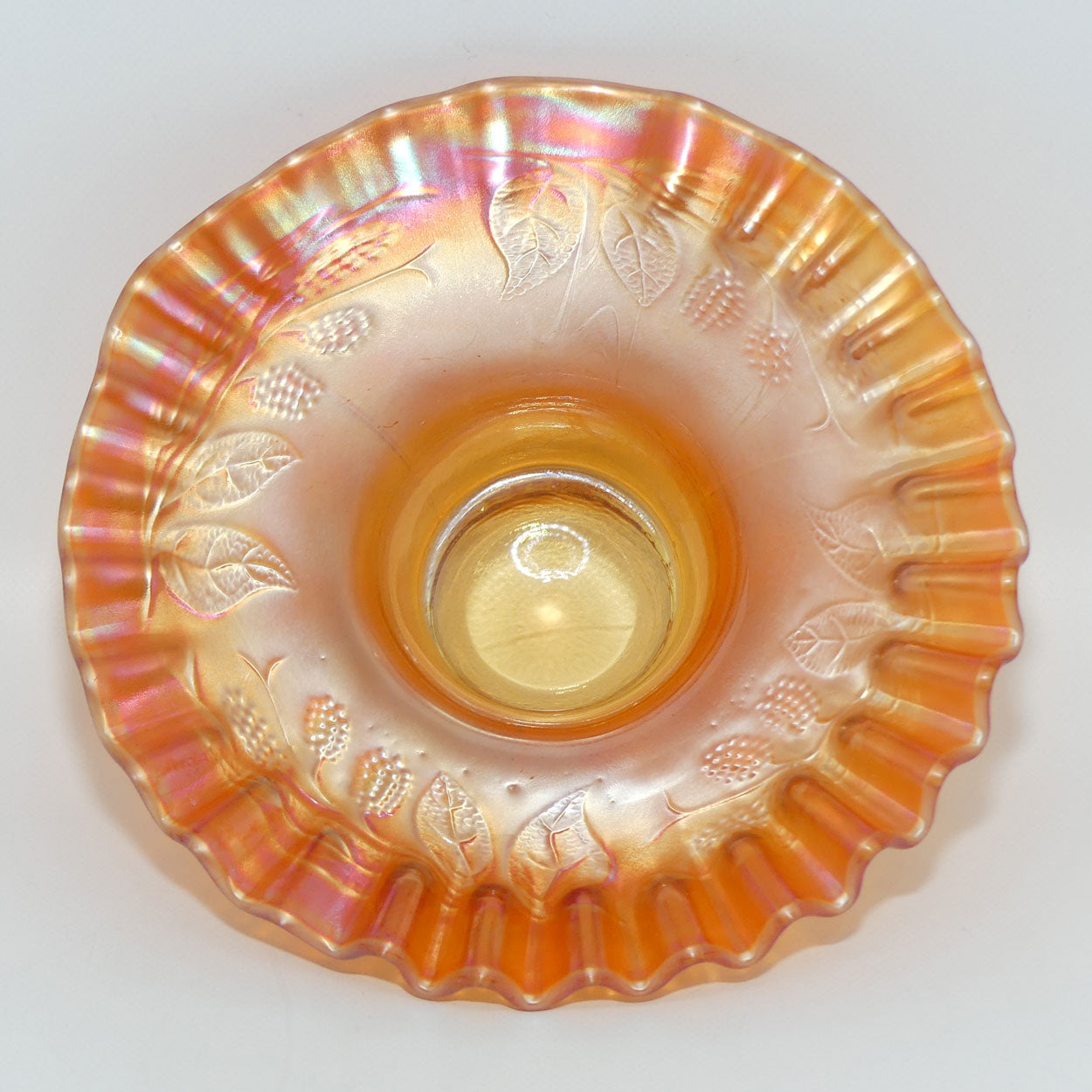 marigold-carnival-glass-fluted-edge-bowl-grape-and-leaf