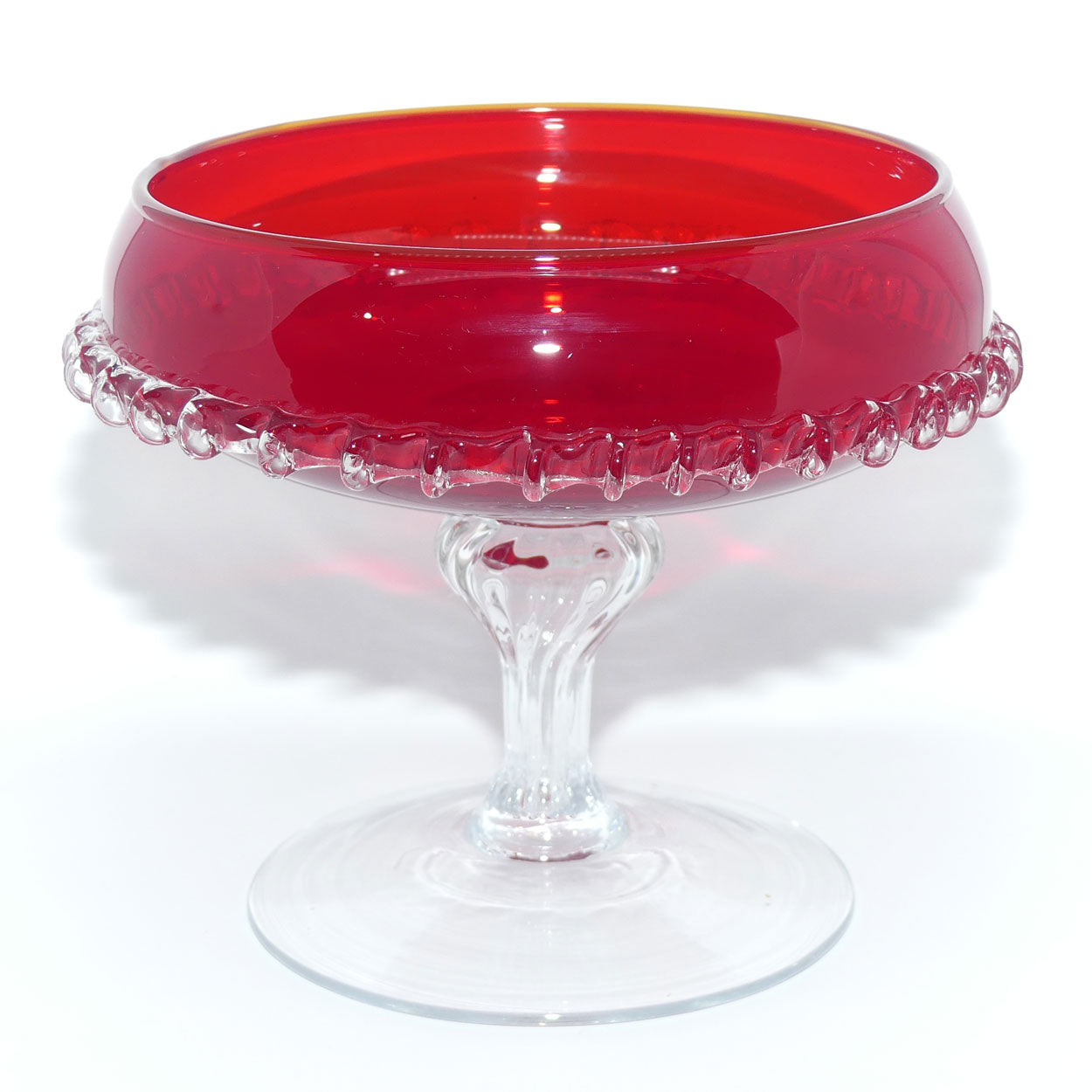 Mid Century Ruby Glass Comport with applied clear rigaree