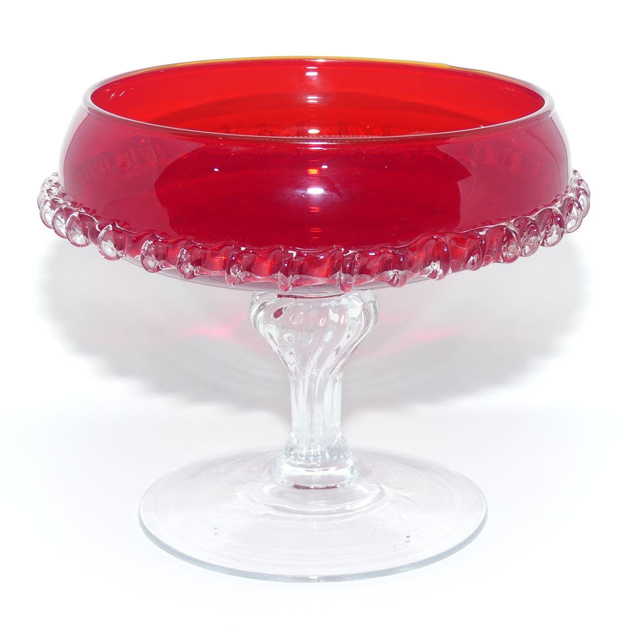 Mid Century Ruby Glass Comport with applied clear rigaree