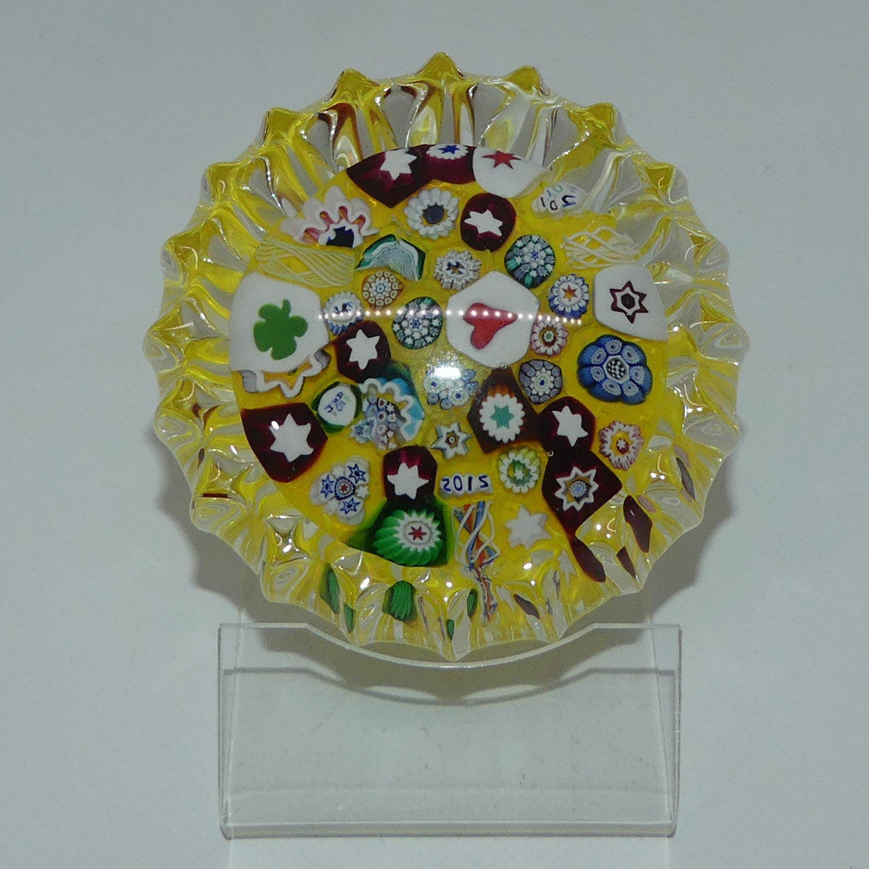 john-deacons-scotland-millefiori-end-of-day-paperweight-ribbed-yellow