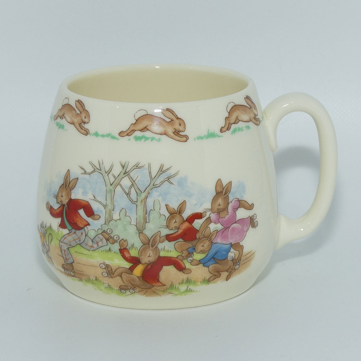 royal-doulton-bunnykins-roller-skate-race-cowboy-on-rocking-horse-single-handle-don-mug