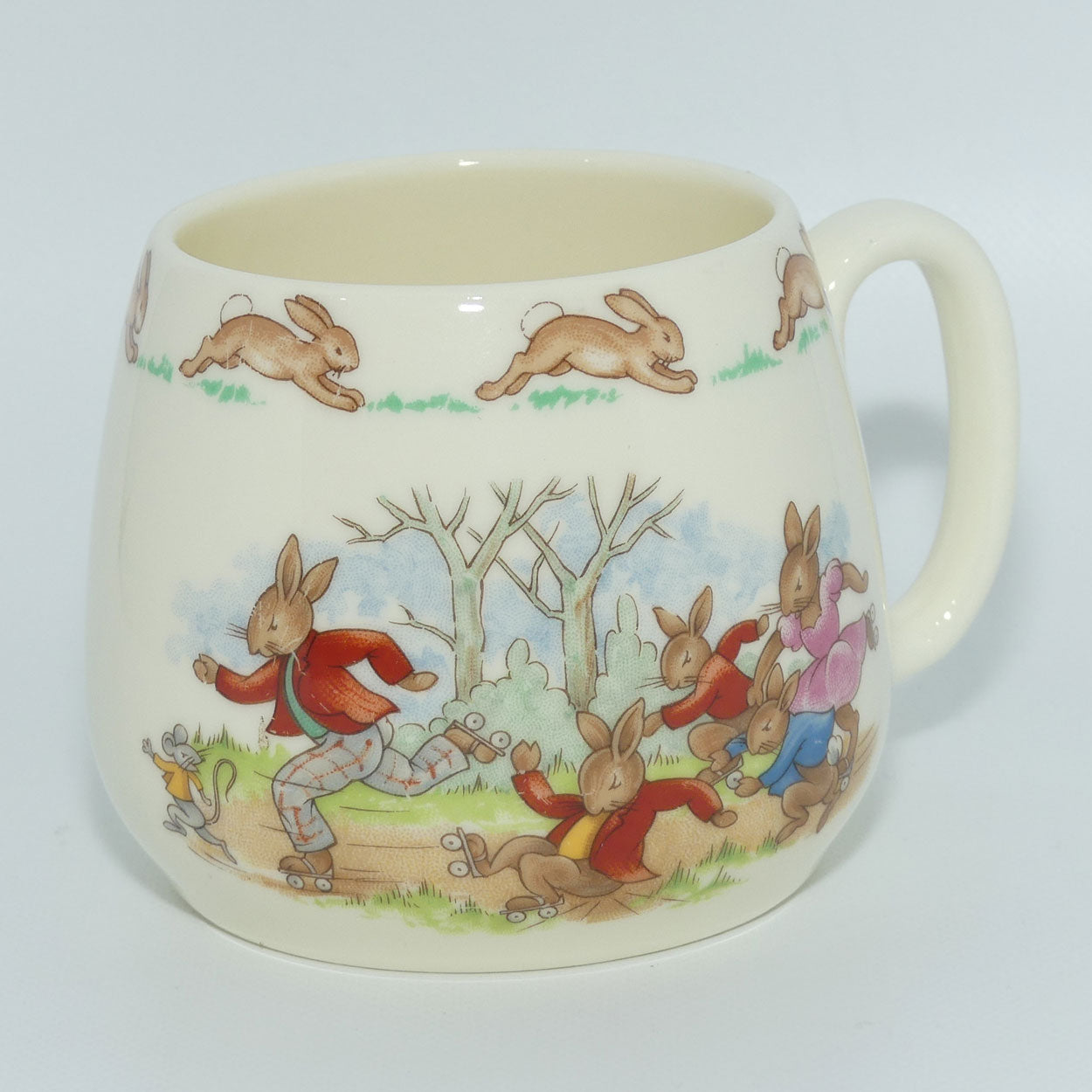 royal-doulton-bunnykins-roller-skate-race-cowboy-on-rocking-horse-single-handle-don-mug