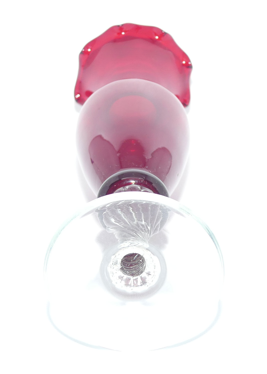 Mid Century Ruby Glass fluted rim bud vase with clear twist stem