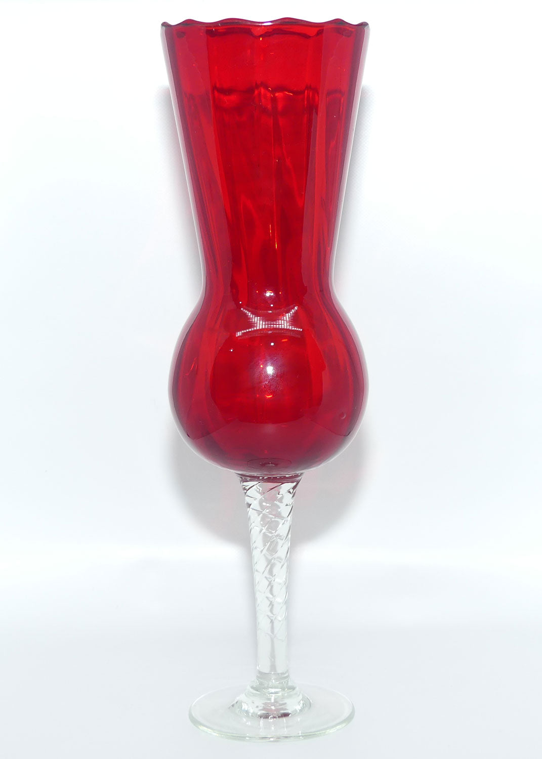 Mid Century Ruby Glass thistle shape vase with clear twist stem
