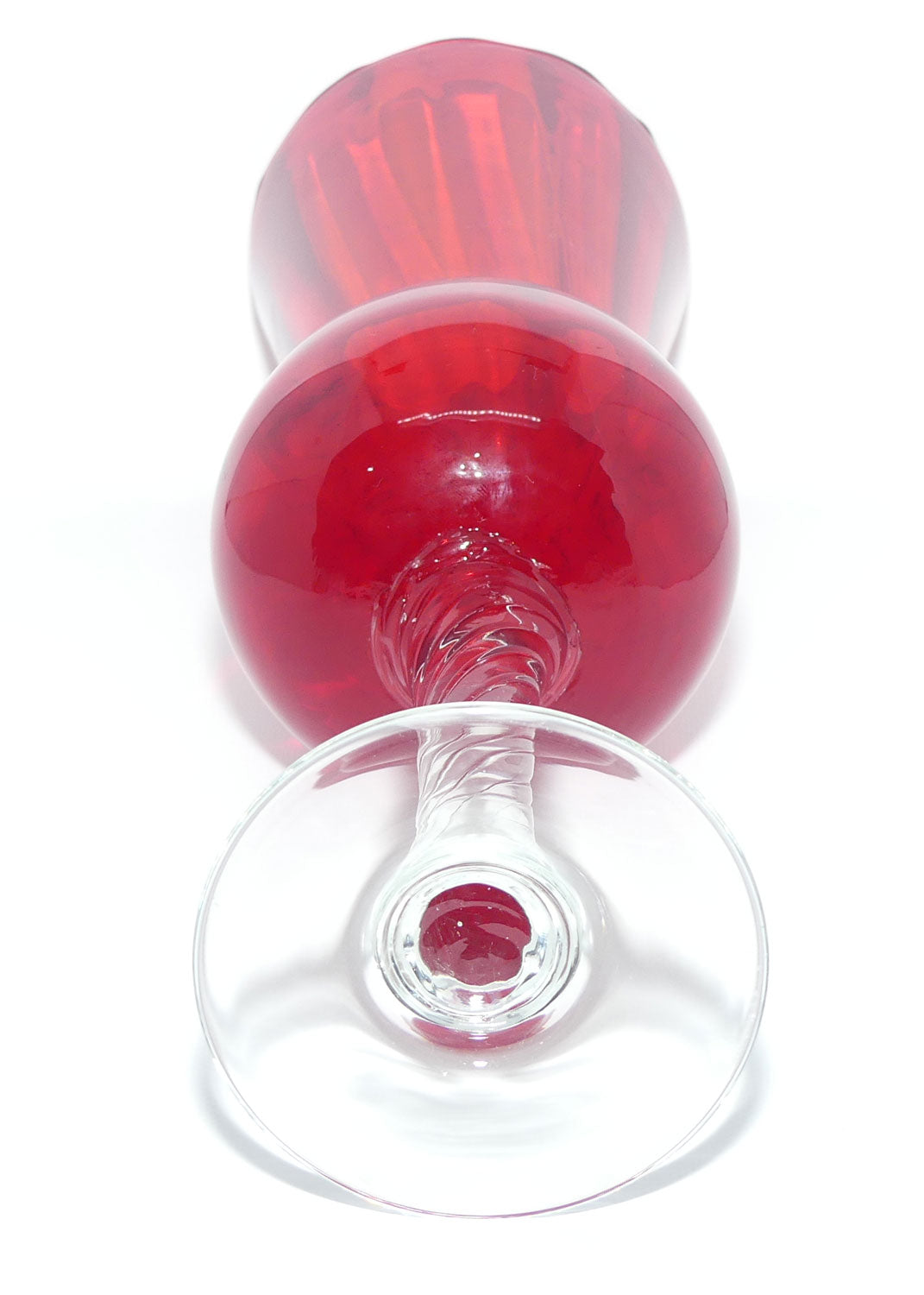 Mid Century Ruby Glass thistle shape vase with clear twist stem