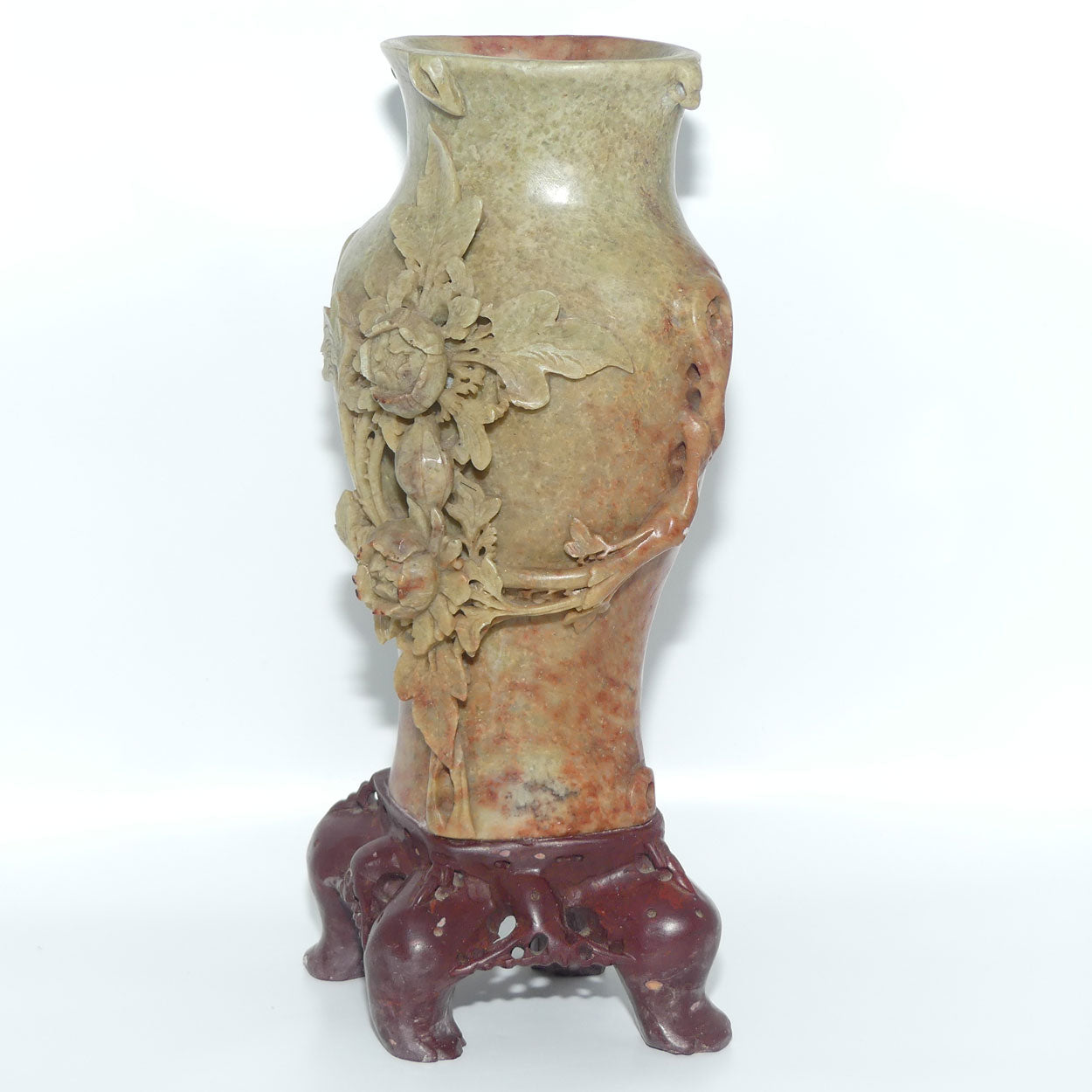 Elaborately Carved Soapstone Vase | Two Floral Blooms on Tree Trunk