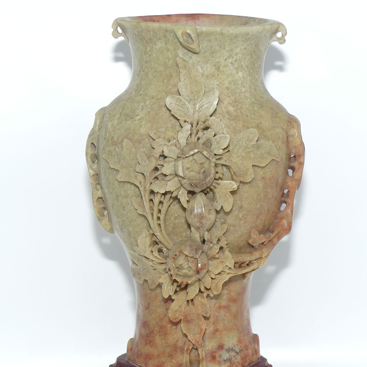 Elaborately Carved Soapstone Vase | Two Floral Blooms on Tree Trunk