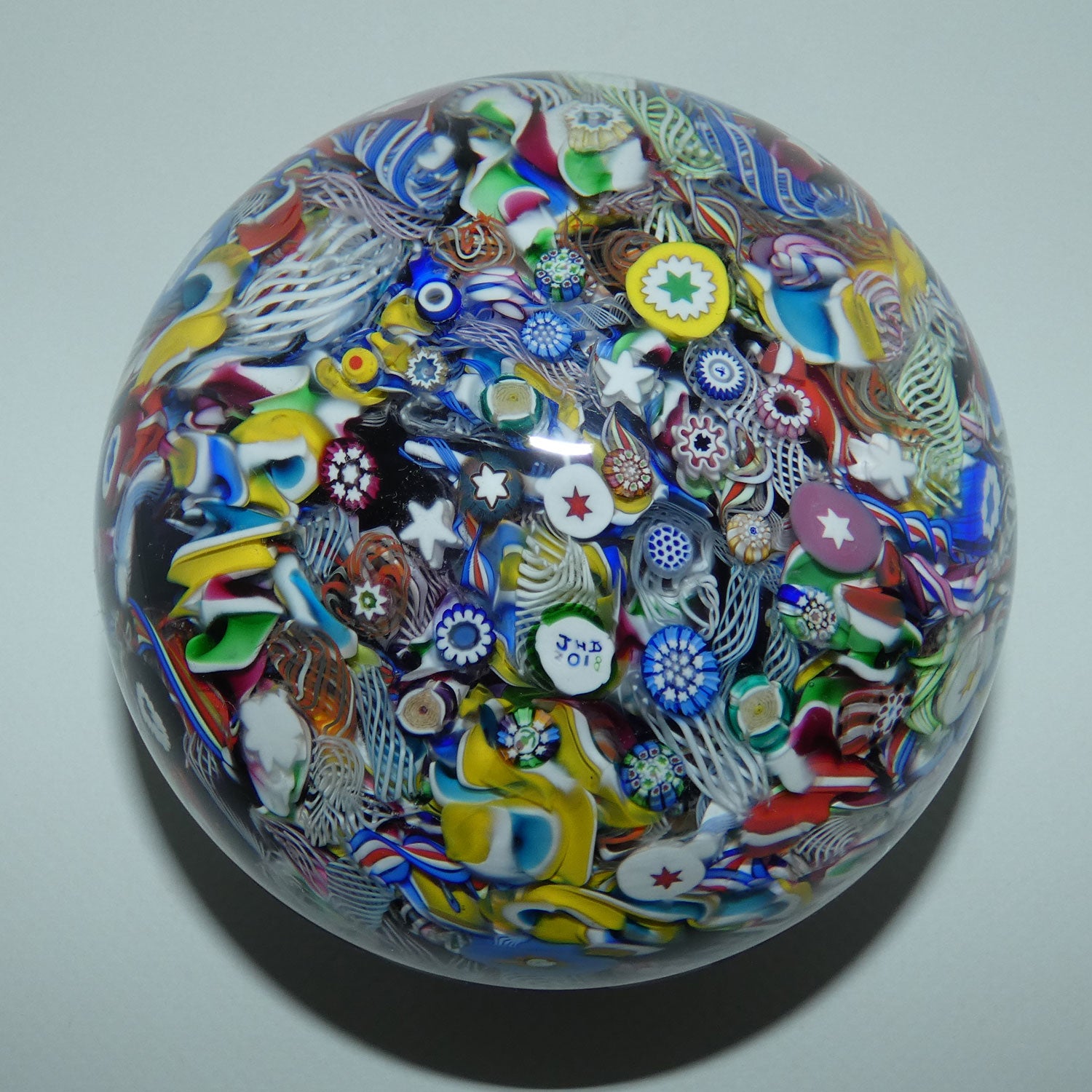 john-deacons-scotland-super-magnum-scramble-millefiori-paperweight-yellow