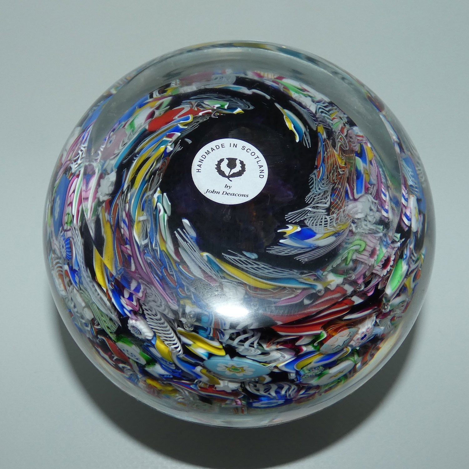 john-deacons-scotland-super-magnum-scramble-millefiori-paperweight-yellow