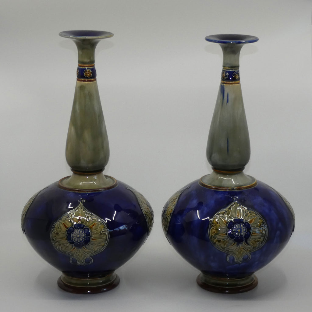 royal-doulton-stoneware-pair-of-tall-bulbous-vases-with-applied-floral-rosettes