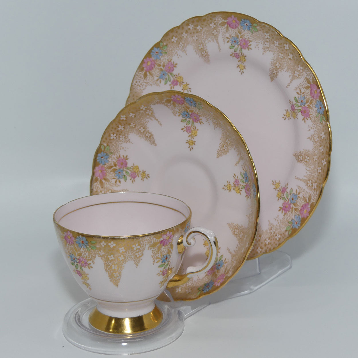 Tuscan Fine English Bone China Pretty Pink Floral and Heavy Gilt trio
