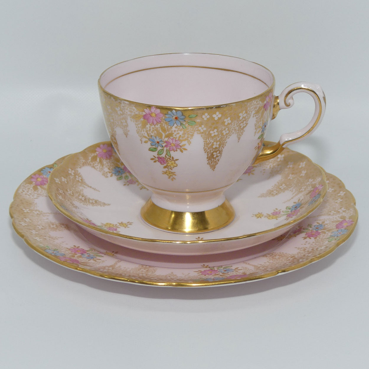 Tuscan Fine English Bone China Pretty Pink Floral and Heavy Gilt trio