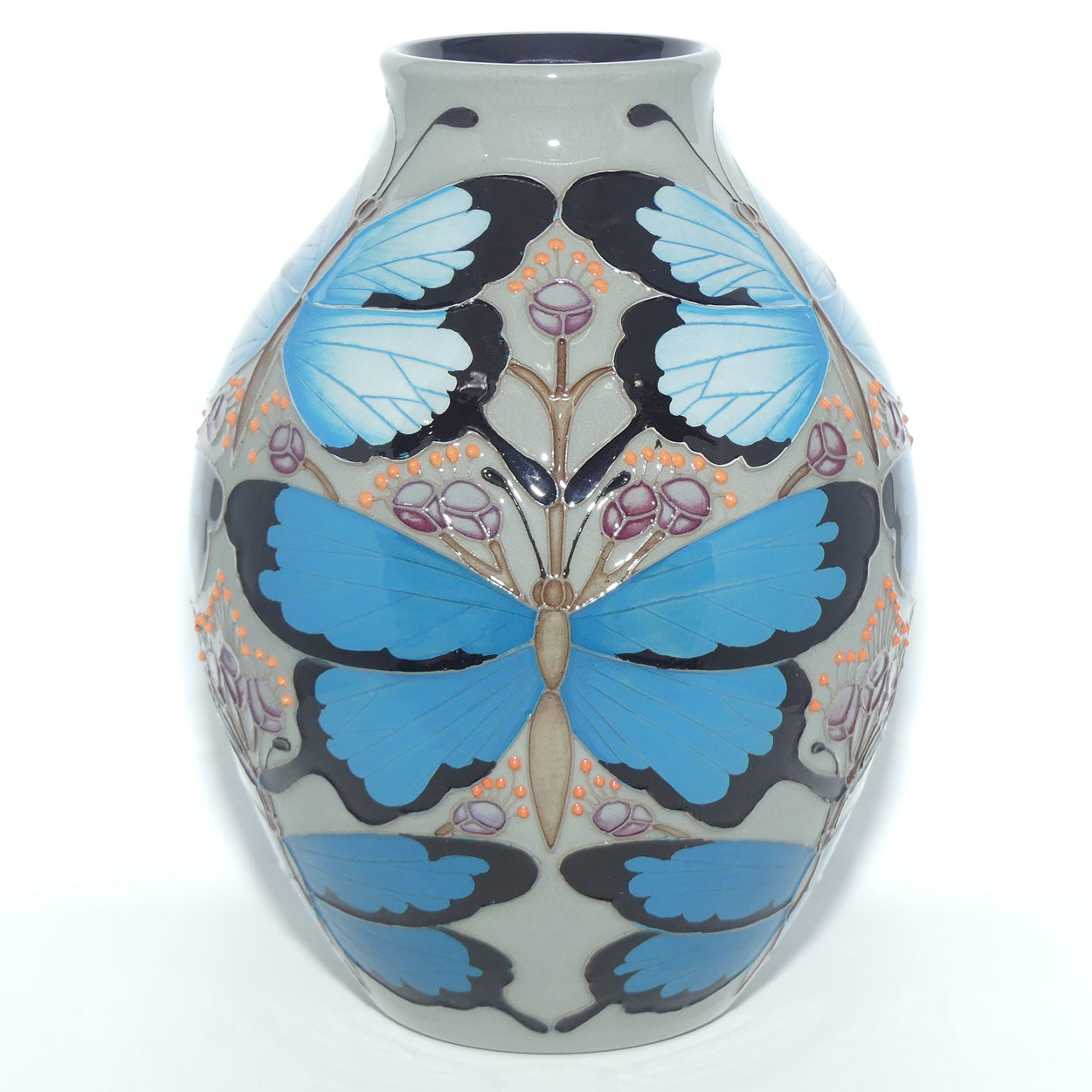 Moorcroft Australian Ulysses Butterfly on Grey 3/8 vase Trial 