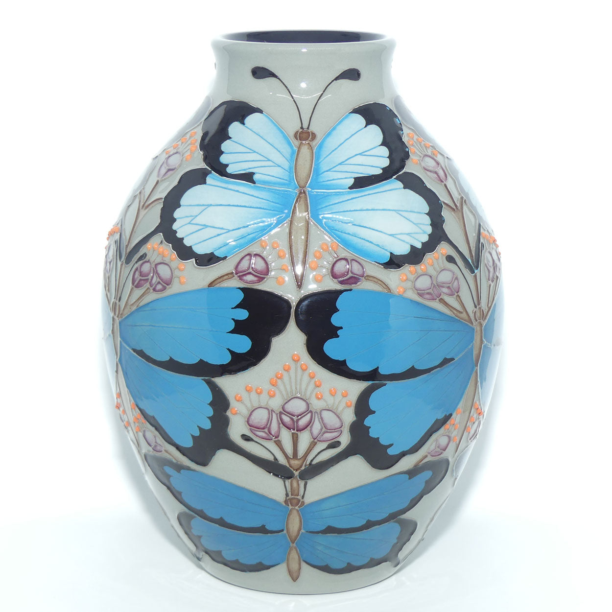 Moorcroft Australian Ulysses Butterfly on Grey 3/8 vase Trial 