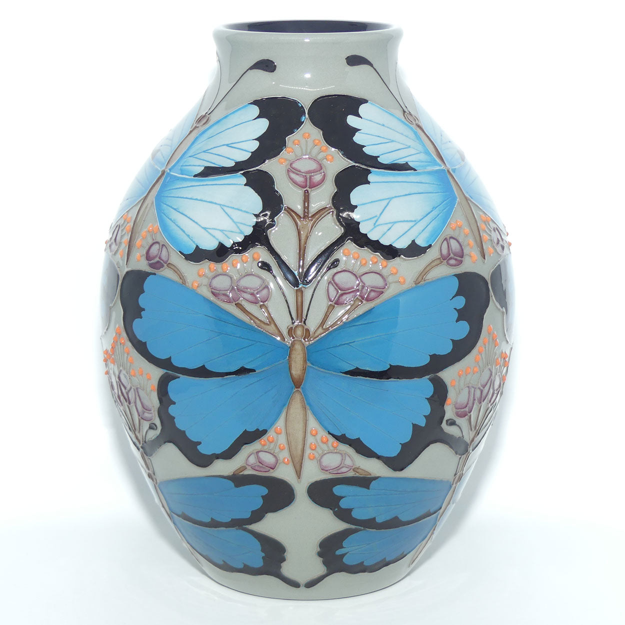 Moorcroft Australian Ulysses Butterfly on Grey 3/8 vase Trial 
