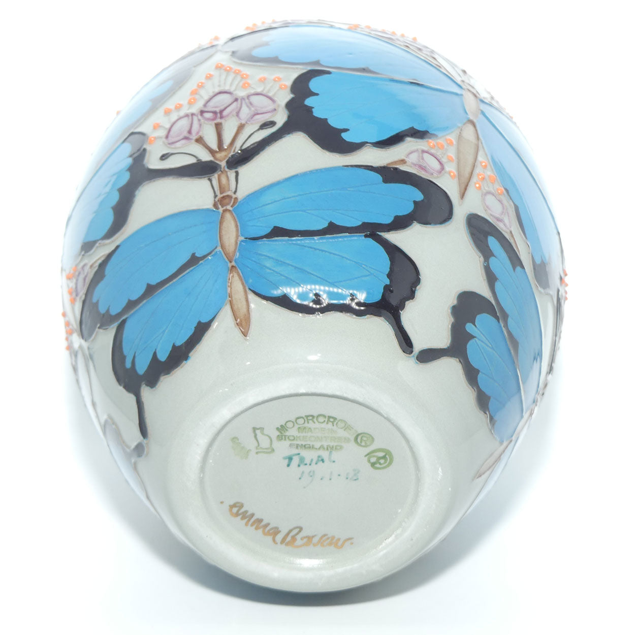 Moorcroft Australian Ulysses Butterfly on Grey 3/8 vase Trial 