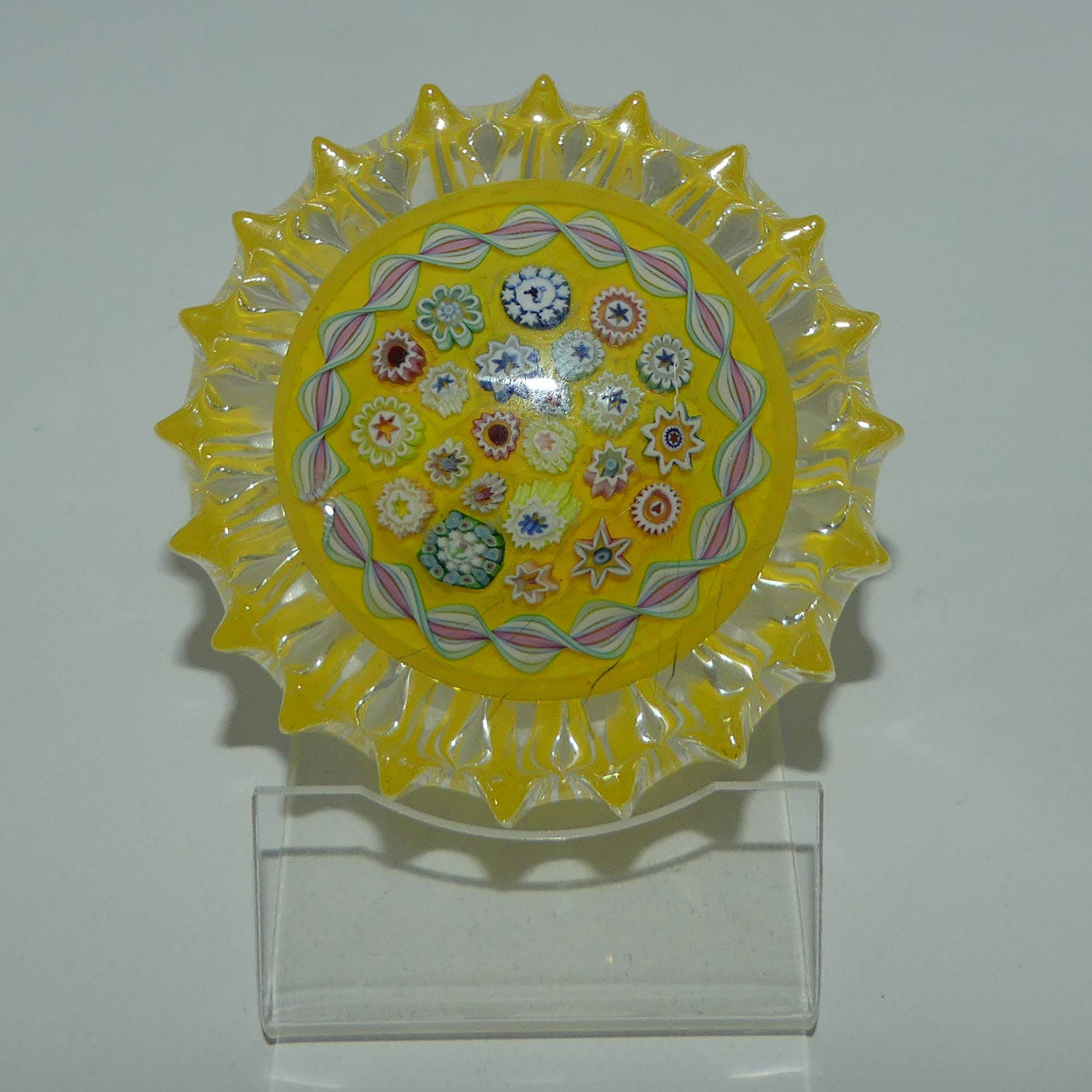 john-deacons-scotland-millefiori-closepack-and-torsade-ribbed-paperweight-yellow