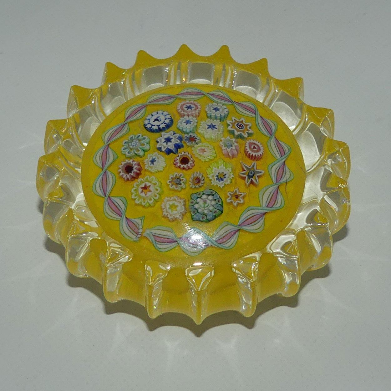 john-deacons-scotland-millefiori-closepack-and-torsade-ribbed-paperweight-yellow